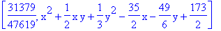 [31379/47619, x^2+1/2*x*y+1/3*y^2-35/2*x-49/6*y+173/2]